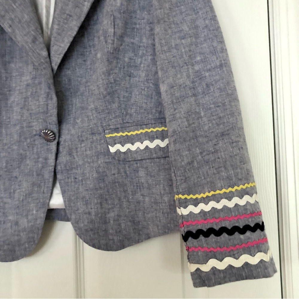 FOR CYNTHIA LINEN BLEND BLAZER SIZE XL BLUE MULTI RIBBON TRIM JACKET - Picture 4 of 12
